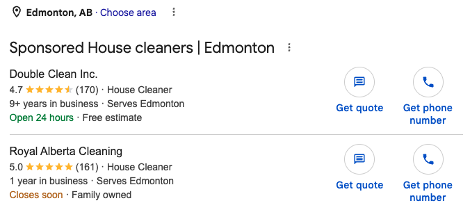 Image of Google ad for cleaners