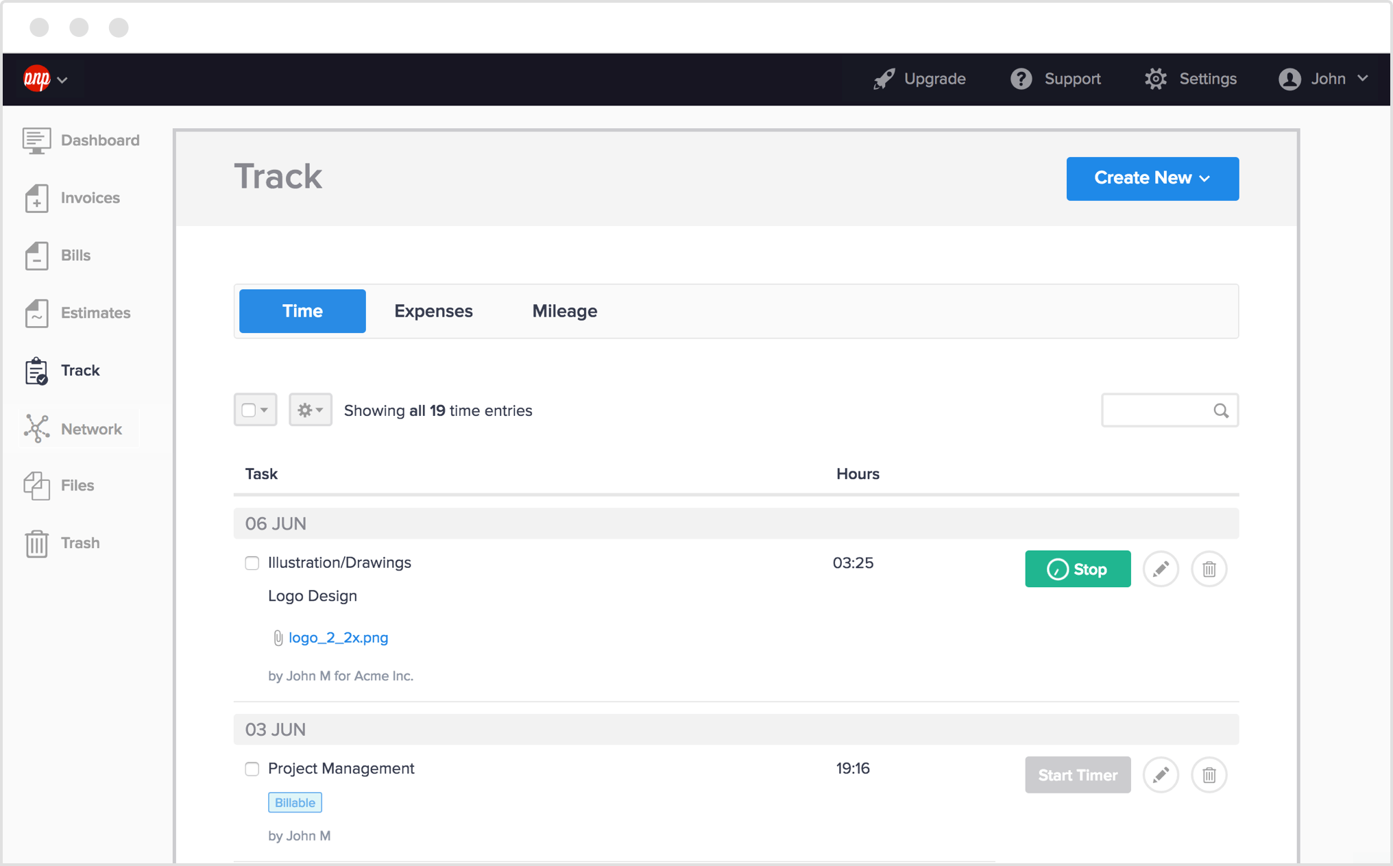 Time tracking in Hiveage invoicing software