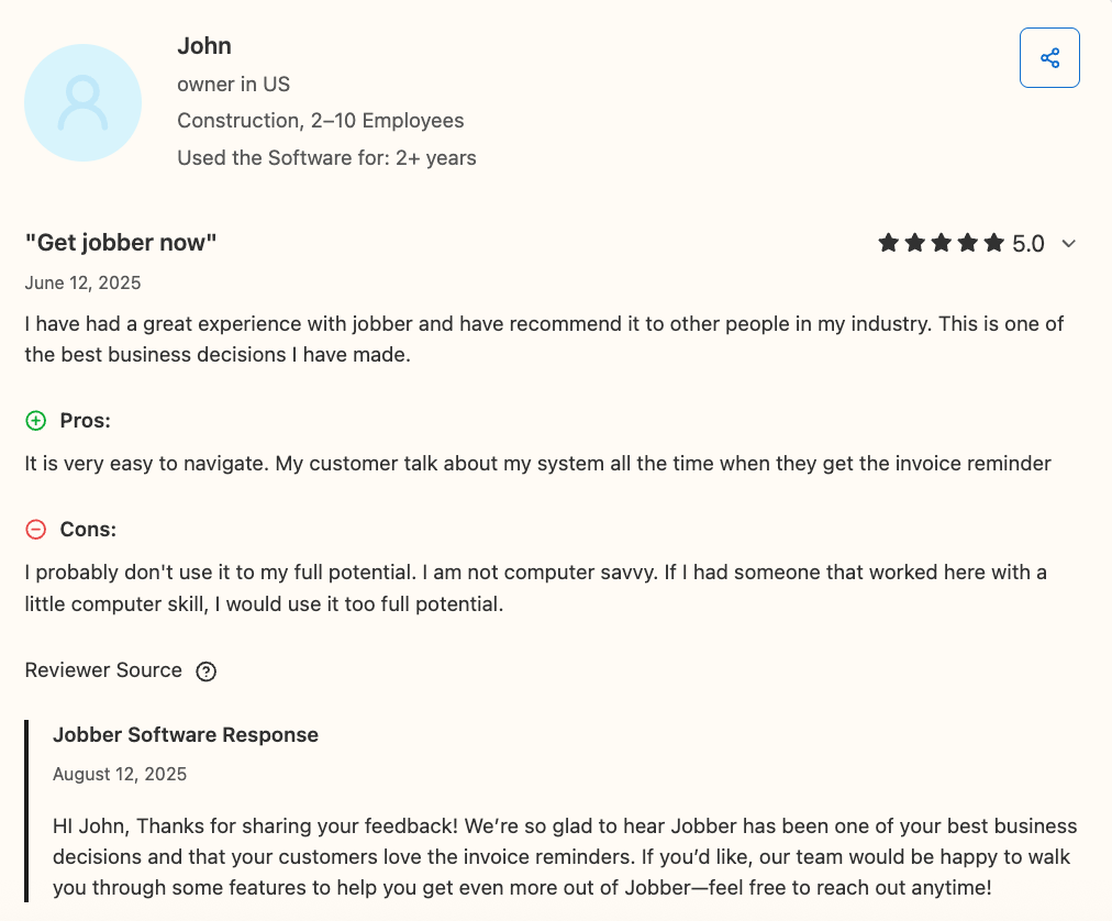 A screenshot of a Jobber review on Capterra with the headline 