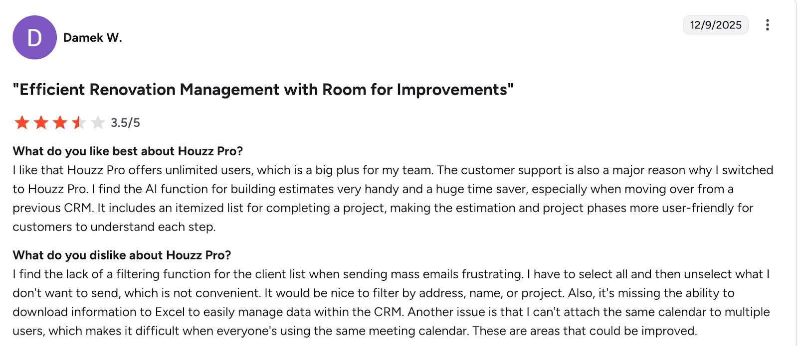 screenshot of Houzz Pro review