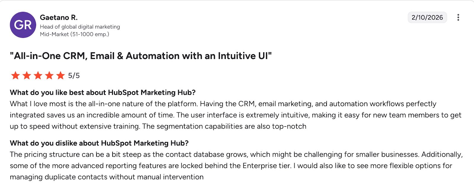 screenshot of Hubspot review