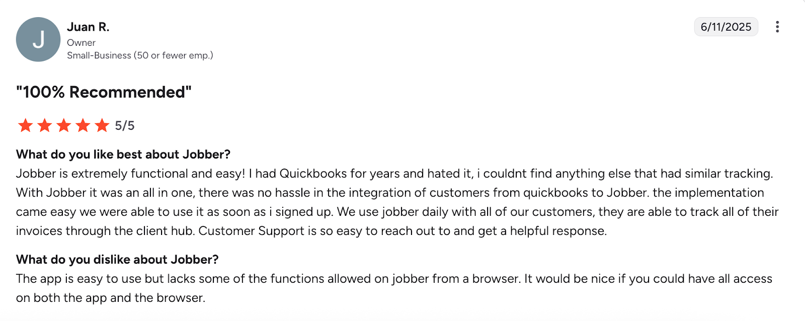 screenshot of Jobber review