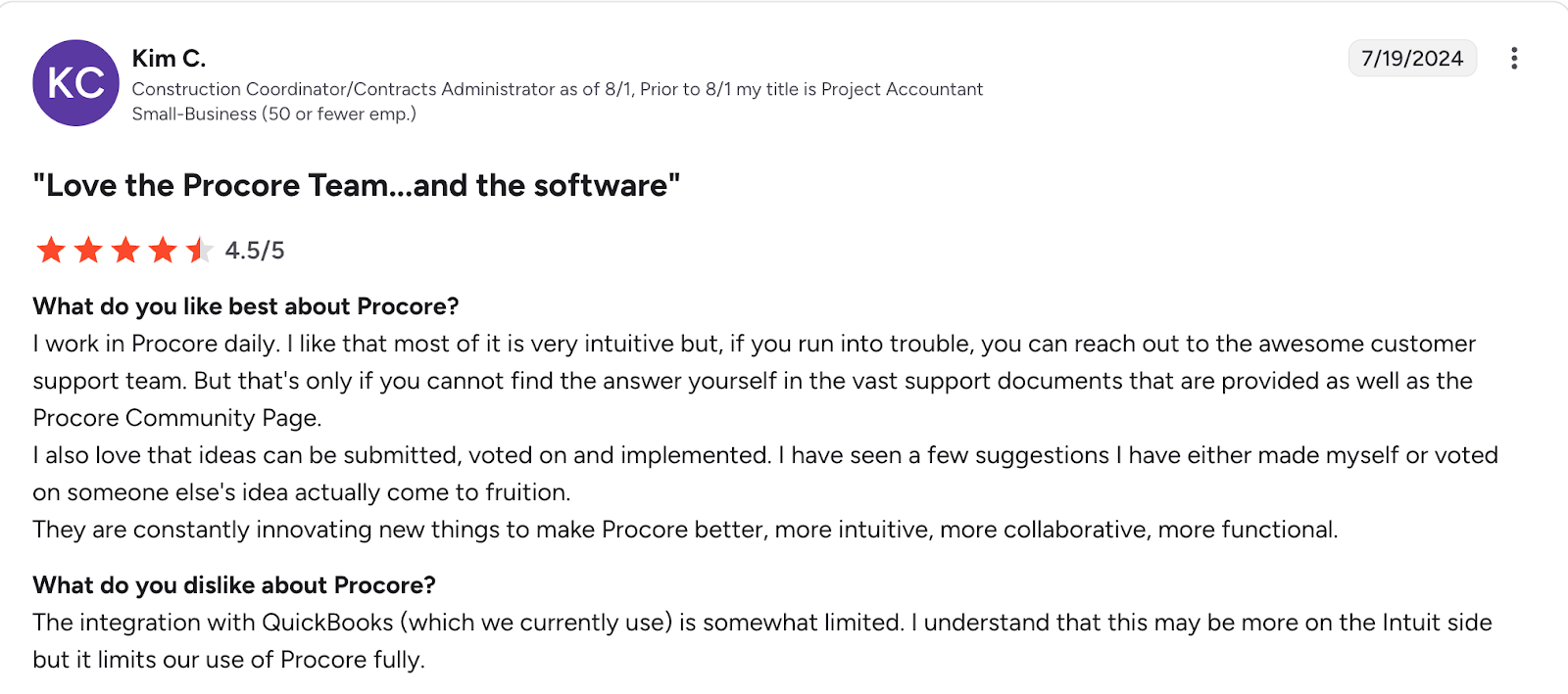 screenshot of Procore review