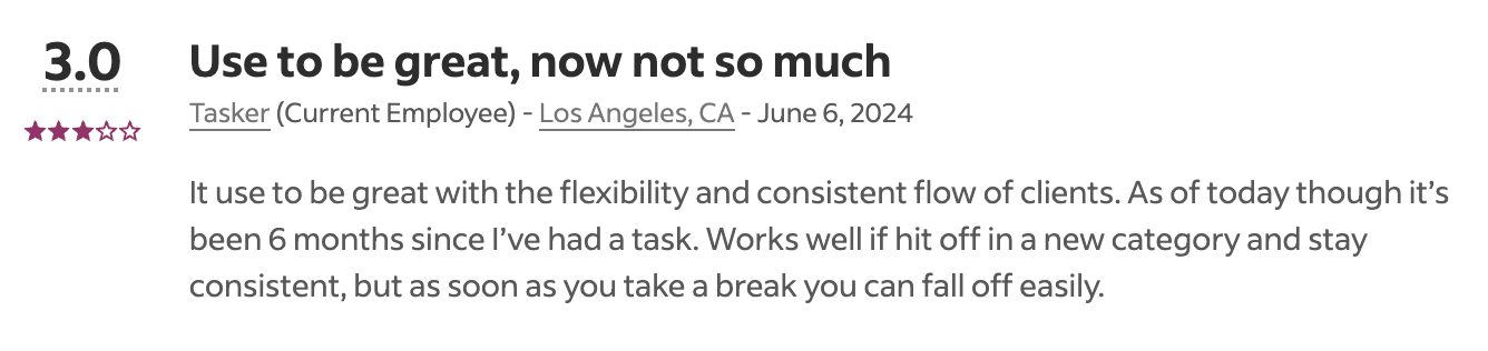 A three star TaskRabbit review on Indeed that says: It use to be great with the flexibility and consistent flow of clients. As of today though it's been 6 months since I've had a task. Works well if hit off in a new category and stay consistent, but as soon as you take a break you can fall off easily.