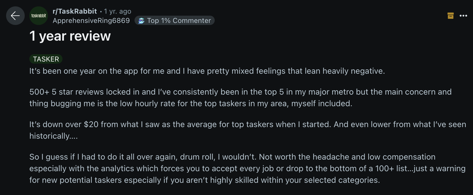A negative leaning review of TaskRabbit on Reddit that says: It's been one year on the app for me and I have pretty mixed feelings that lean heavily negative. 500+ 5 star reviews locked in and l've consistently been in the top 5 in my major metro but the main concern and thing bugging me is the low hourly rate for the top taskers in my area, myself included. It's down over $20 from what I saw as the average for top taskers when I started. And even lower from what l've seen historically... So I guess if I had to do it all over again, drum roll, I wouldn't. Not worth the headache and low compensation especially with the analytics which forces you to accept every job or drop to the bottom of a 100+ list...just a warning for new potential taskers especially if you aren't highly skilled within your selected categories.