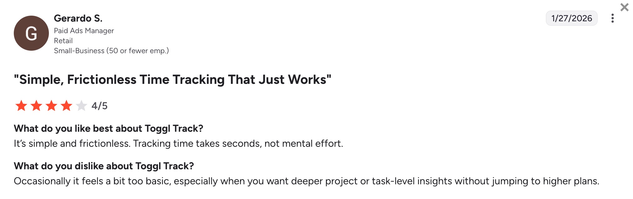 favorable Toggl Track review