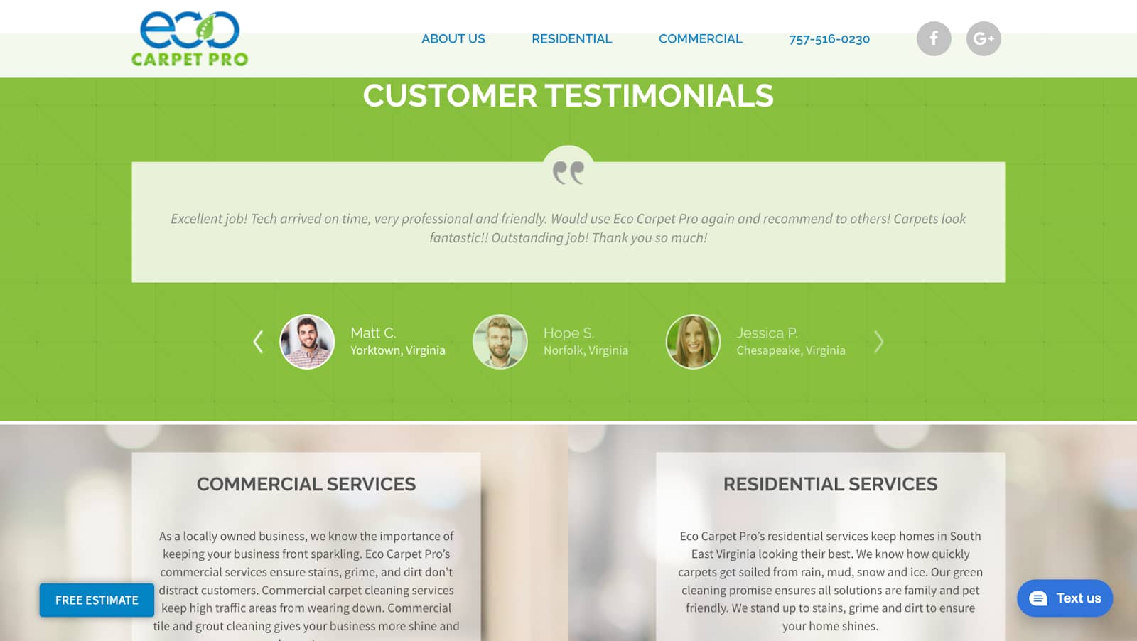Carpet cleaning web design example from Eco Carpet Pro Cleaning