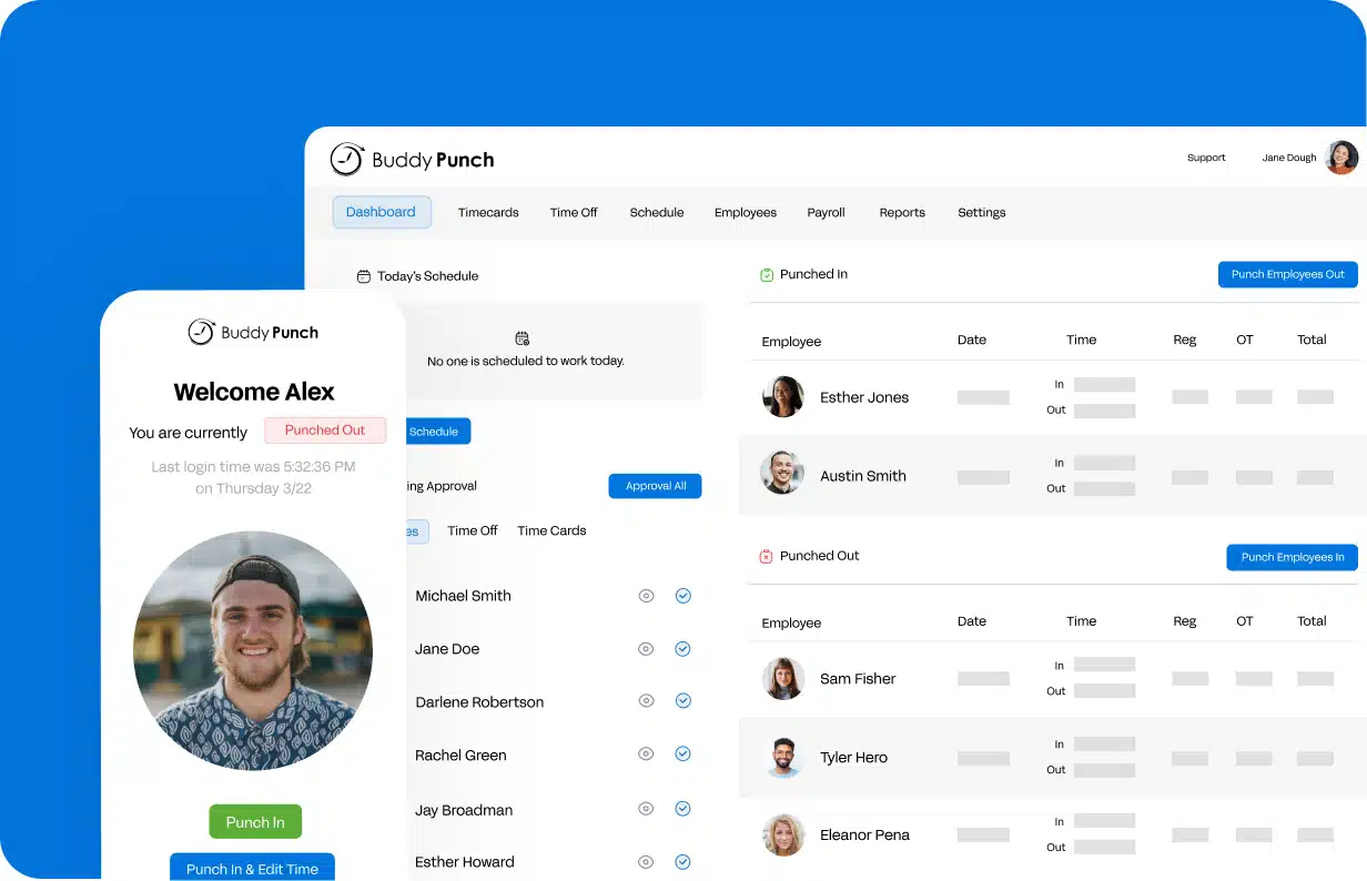 Buddy Punch platform on a mobile device, tablet, and desktop