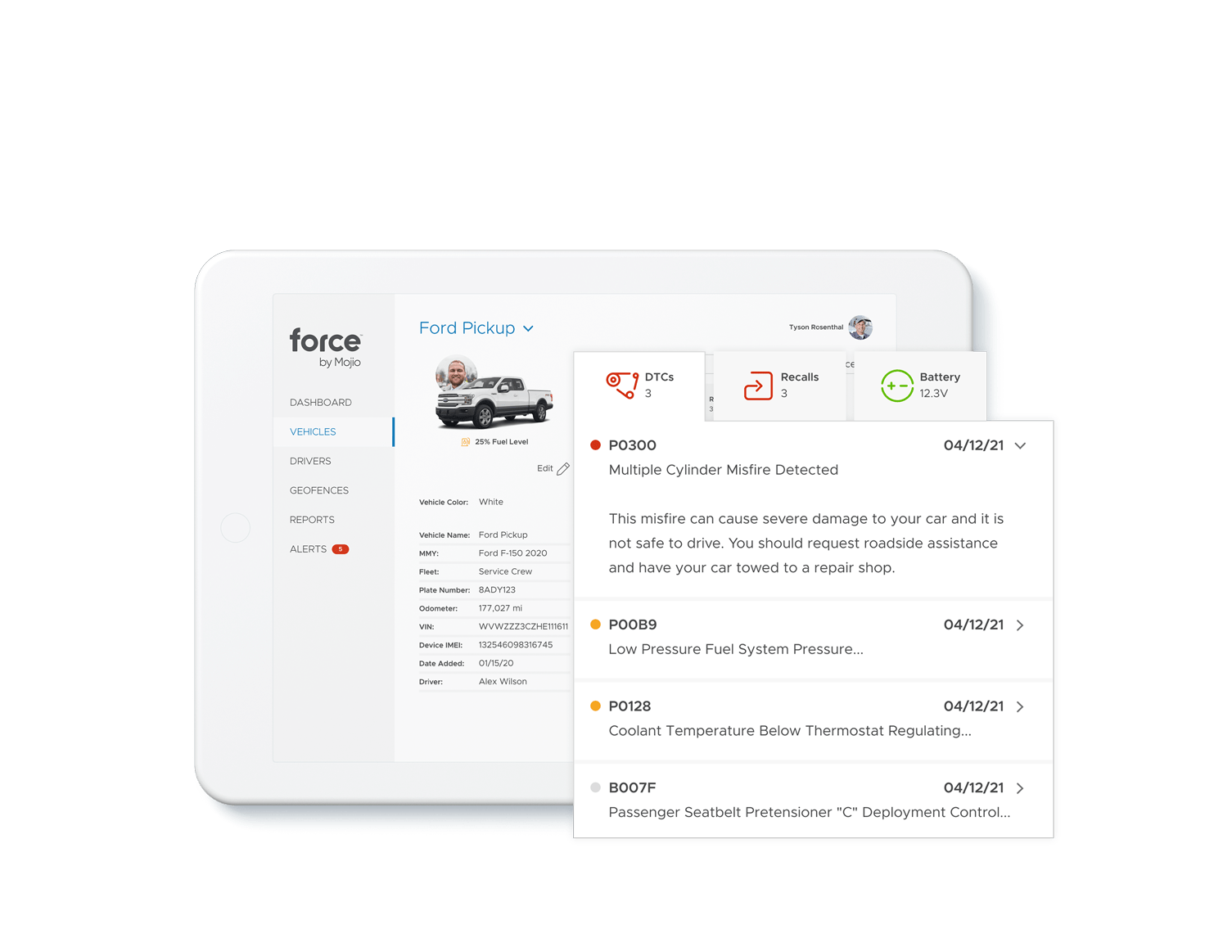 Screenshot of Force Fleet Tracking vehicle information