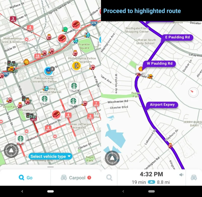 image of routes in the Waze app