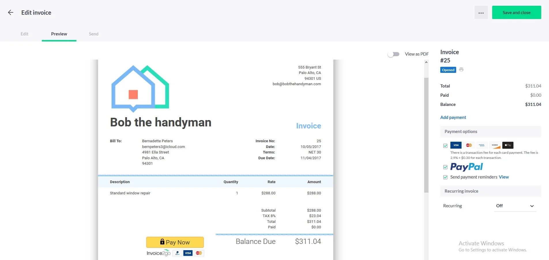 Invoice2Go invoicing app desktop view
