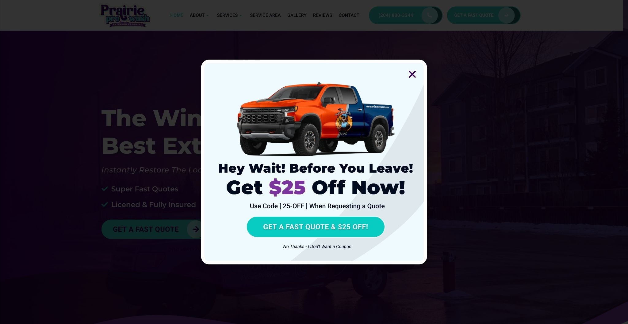 Prairie Pro Wash website discount pop-up