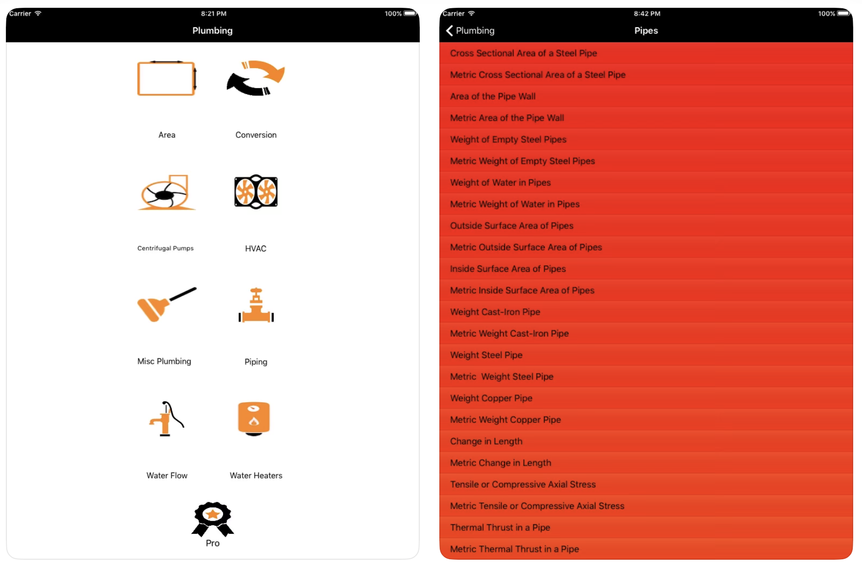 Screenshot showing the Plumbing Formulator app, including options for calculating different plumbing formulas and conversions.