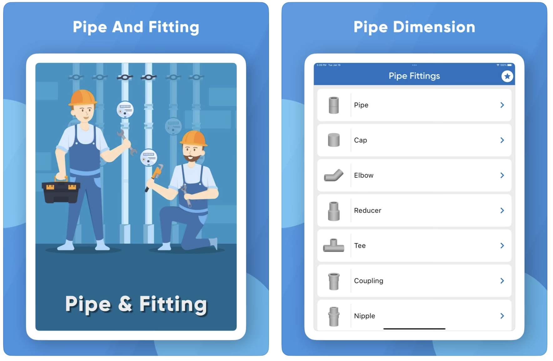 A screenshot of Pipe and Fitting, an iOS tool to find the dimensions of piping and accessories.
