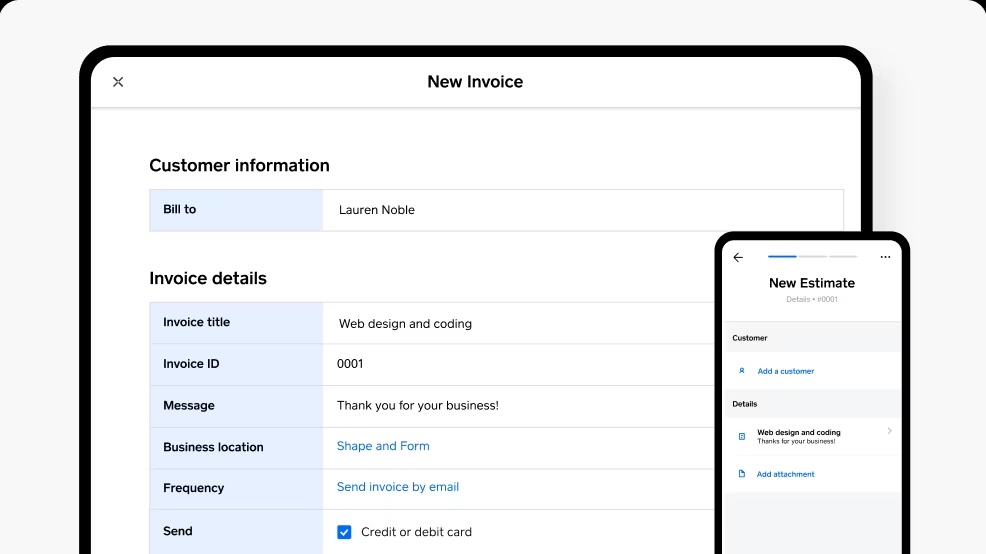 Square Invoices invoicing app desktop and mobile view