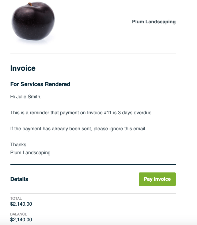 Example of a payment reminder email created in Jobber