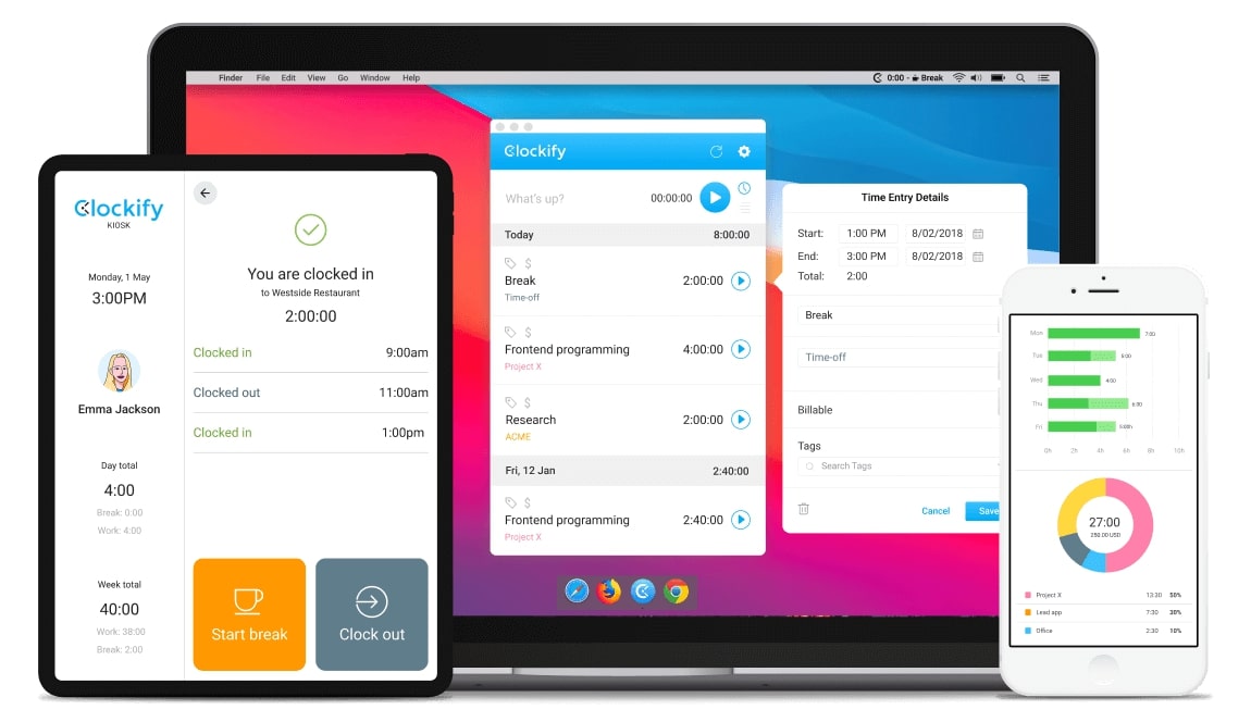 Clockify scheduling app desktop and mobile view