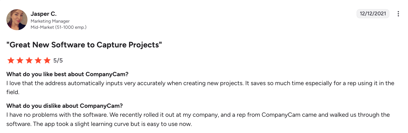 Favorable CompanyCam review