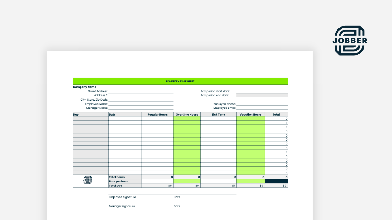 preview image of Jobber's downloadable timesheet template