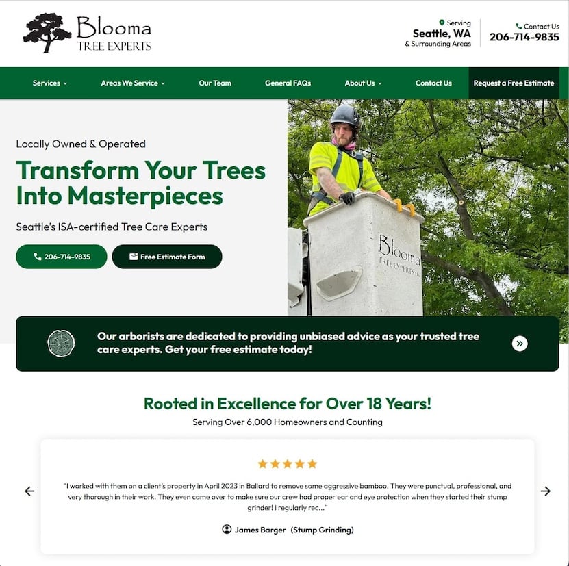 image of Blooma's tree service website optimized for SEO