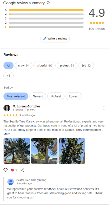 Image of tree service reviews on a Google business profile