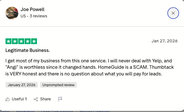 Image of positive Thumbtack review