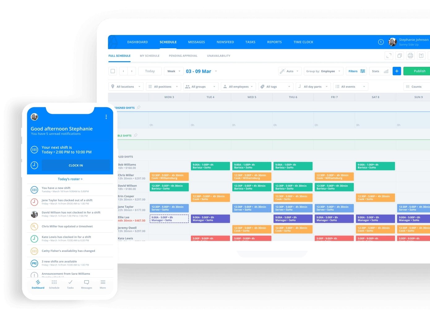 Sling scheduling app desktop and mobile view