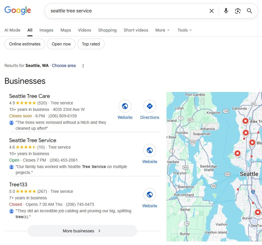 Image of GBP for tree service businesses in Seattle, WA