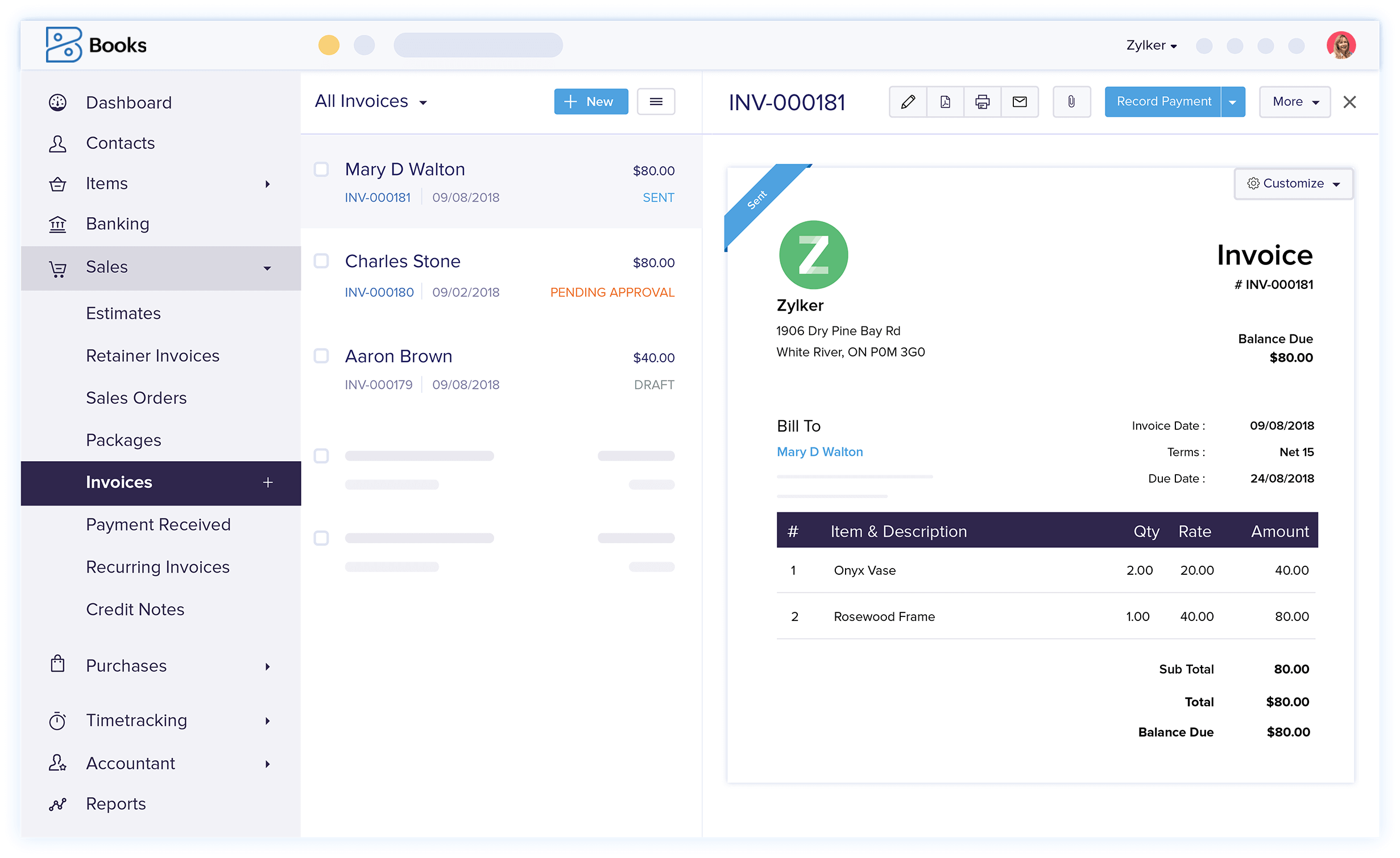 image of sending invoices in Zoho Books