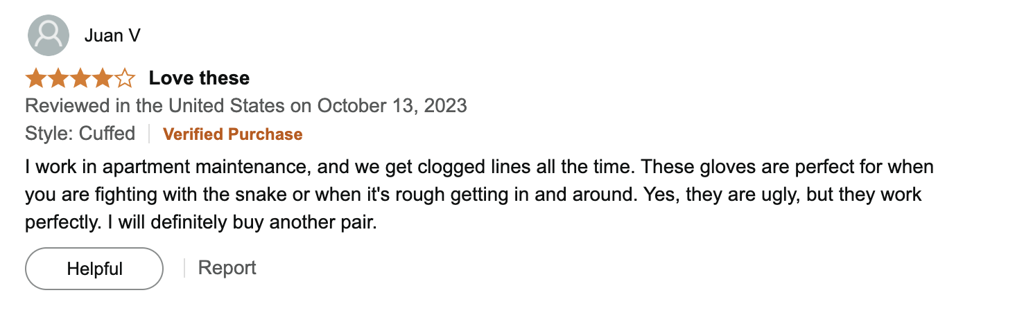 image of ShuBee Ugly Gloves review of plumber gloves from Amazon. This reviewer says they're good when working with clogged lines