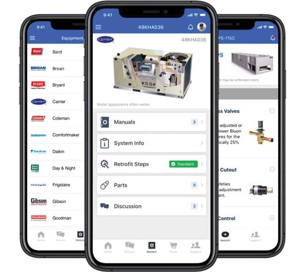 Three devices displaying Bluon HVAC app pages