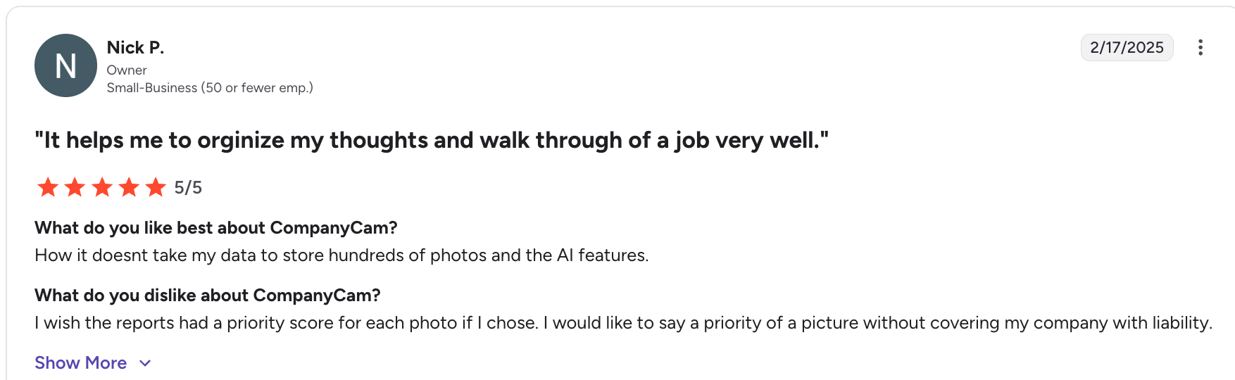 Favorable CompanyCam review