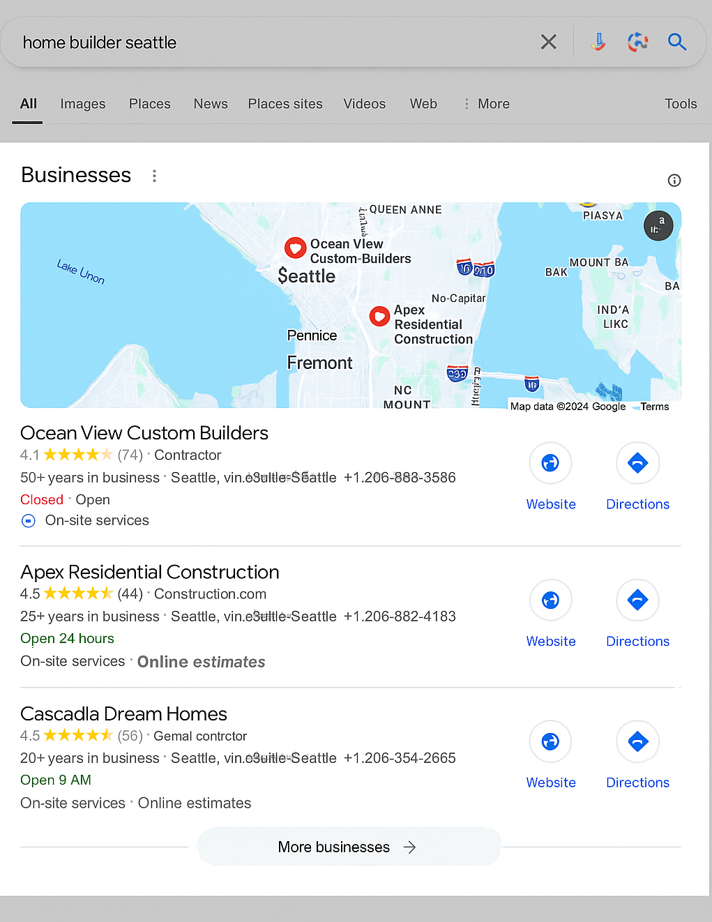 image of Google Search results for home builders in Seattle