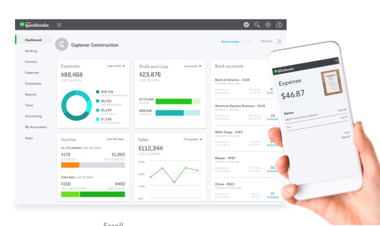 QuickBooks Online dashboard with a hand holding a mobile device displaying the QuickBooks expense page