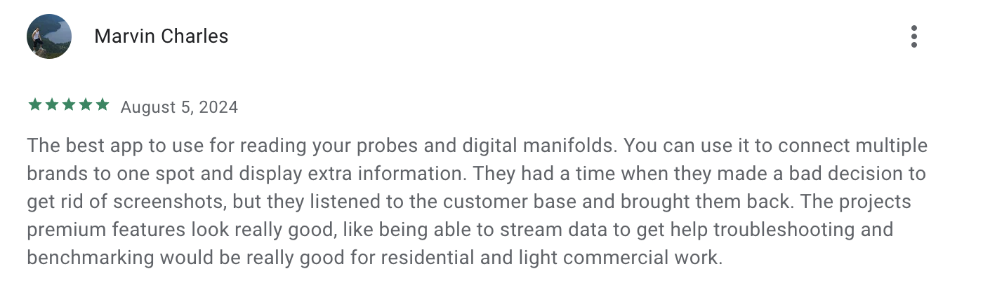 Favorable MeasureQuick HVAC review from Google Play store