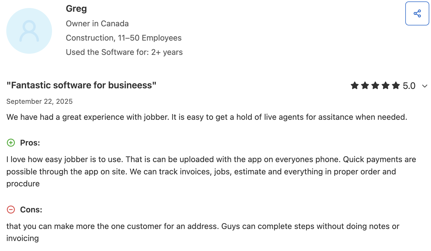 Favorable Jobber user review on Capterra