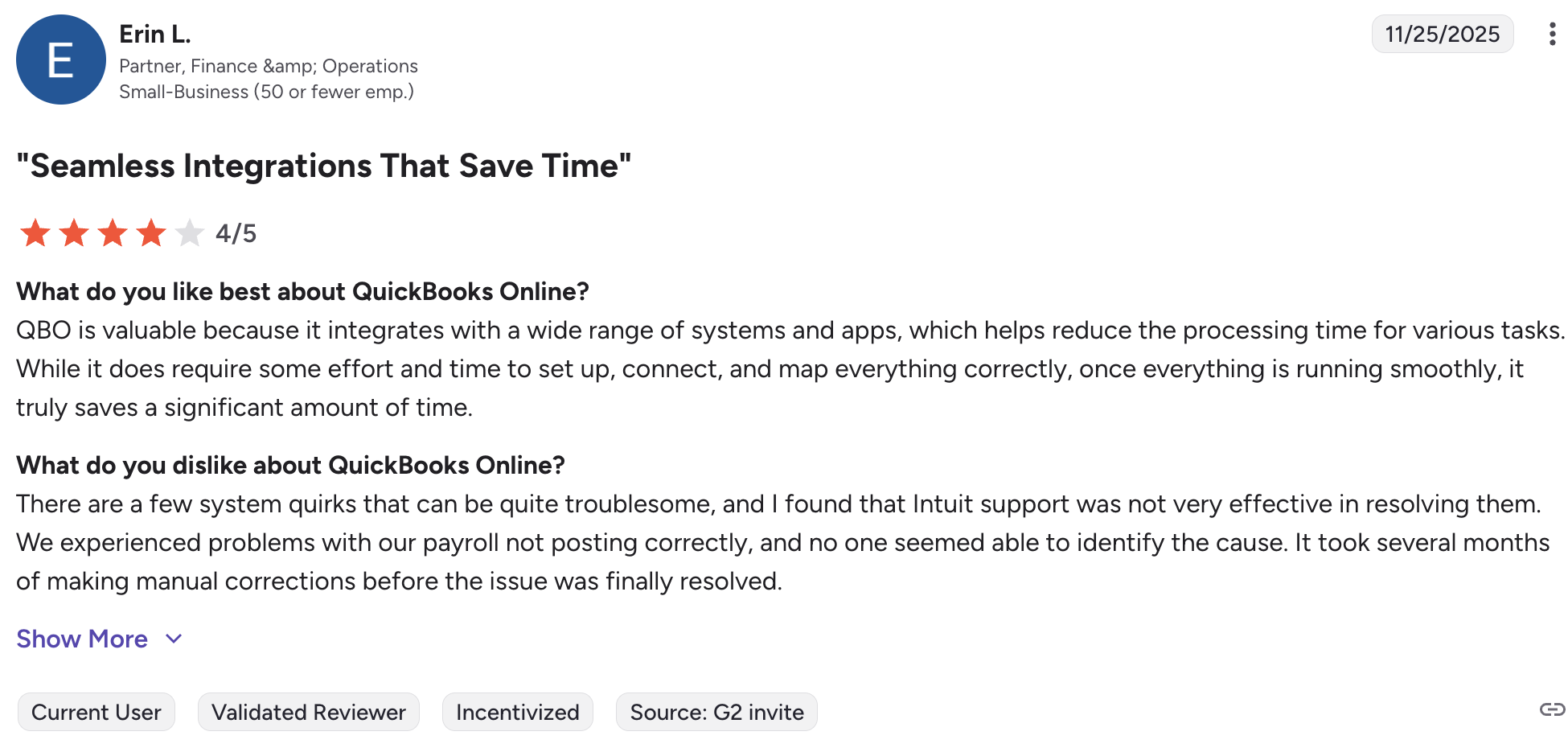 Favorable QuickBooks Online review from G2