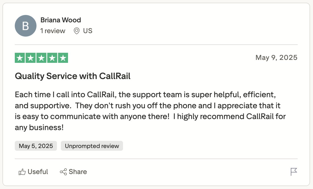 Favorable CallRail review from Trustpilot