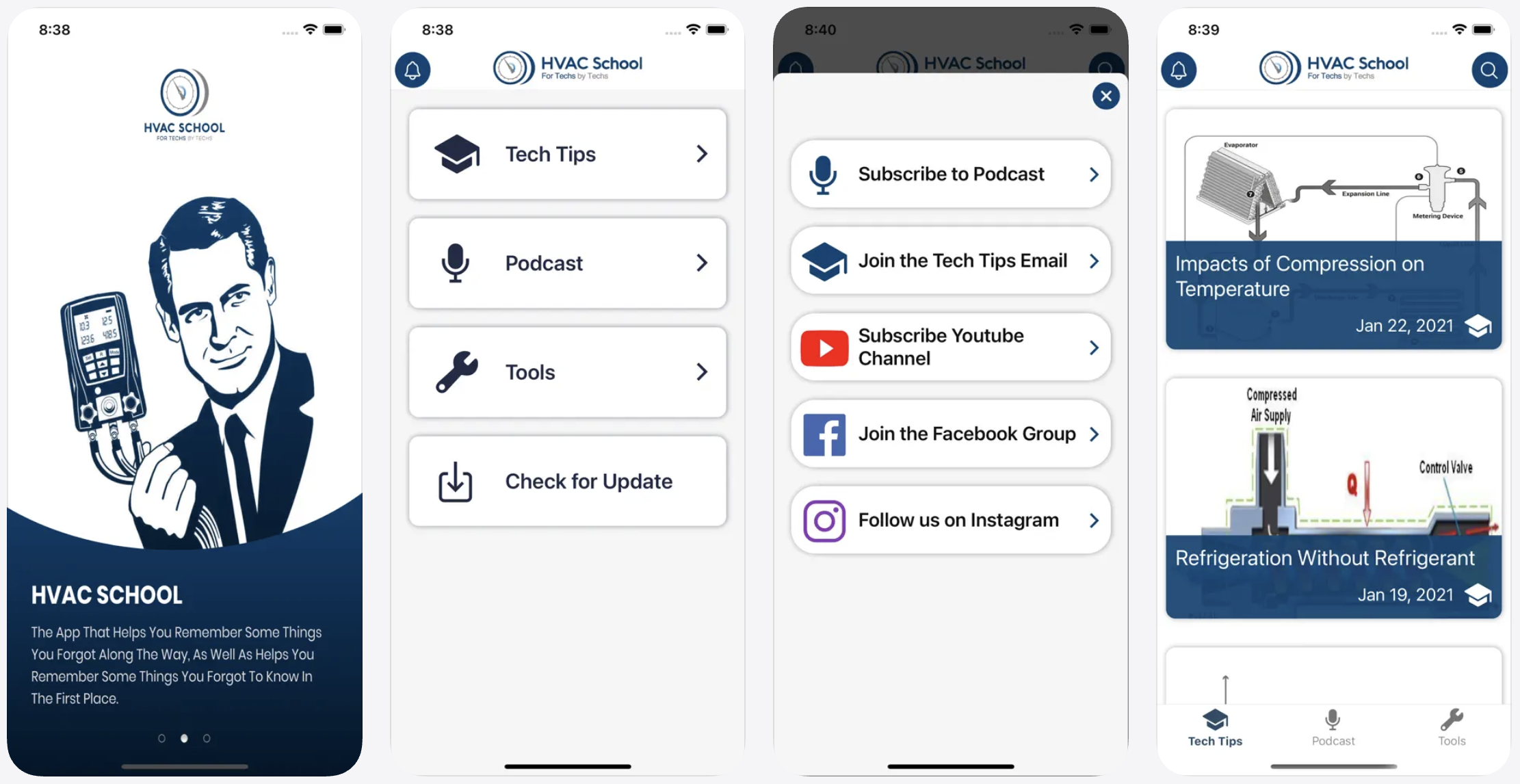 HVAC School app main page displaying Tech Tips, Podcast, and Tools menu options