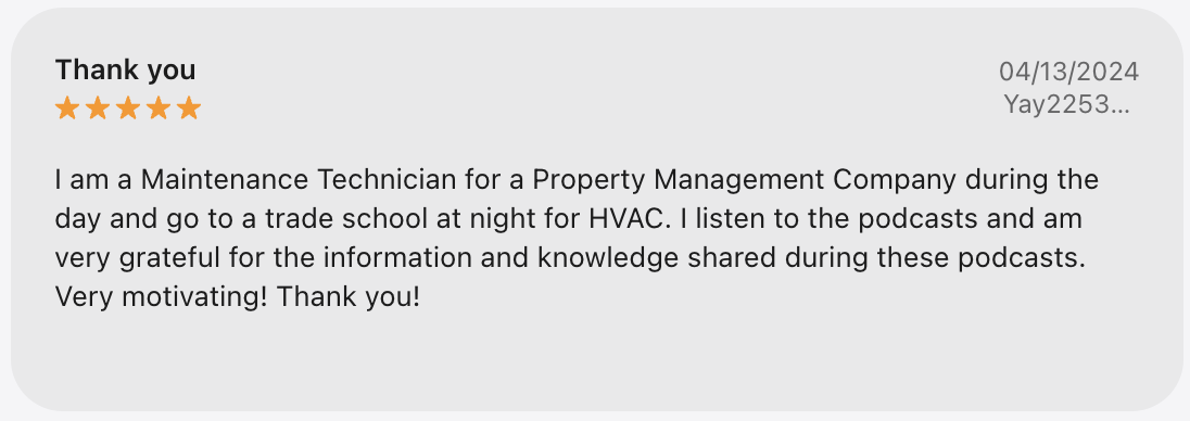 Favorable HVAC School user review on Apple App Store