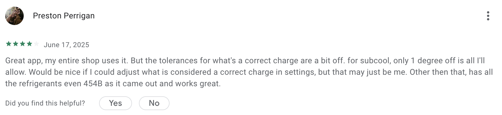 Favorable HVACR Check & Charge user review from Google Play store