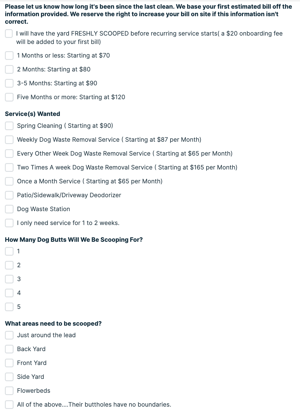 Kroopin's Poopin Scoopin Jobber quote request form example