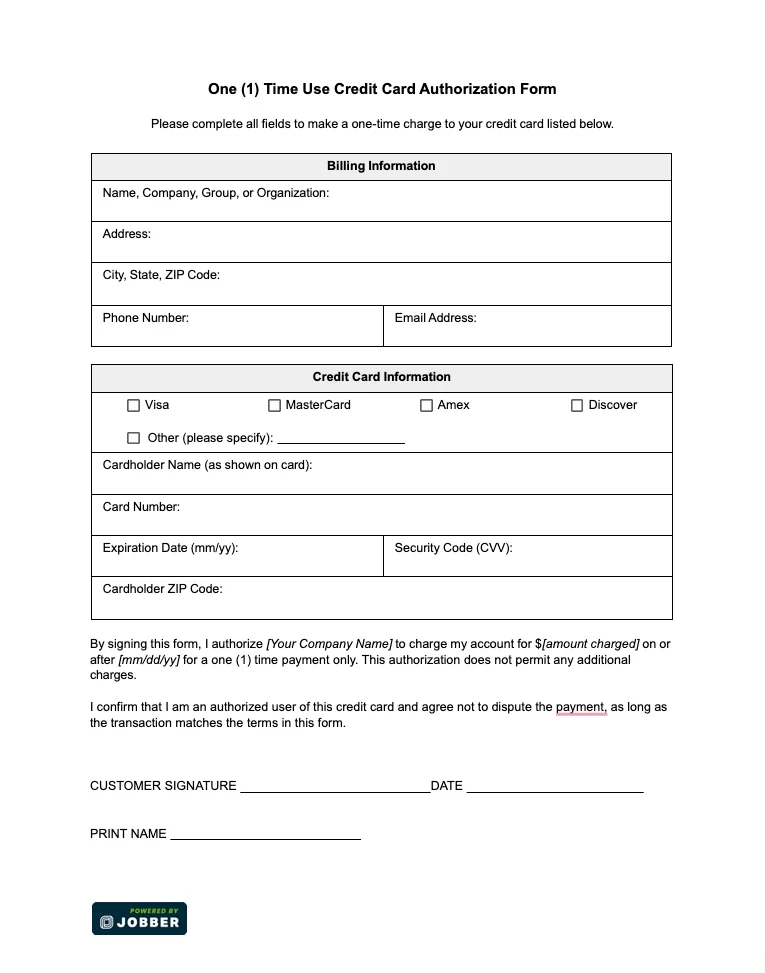 A customizable one time credit card authorization form template by Jobber