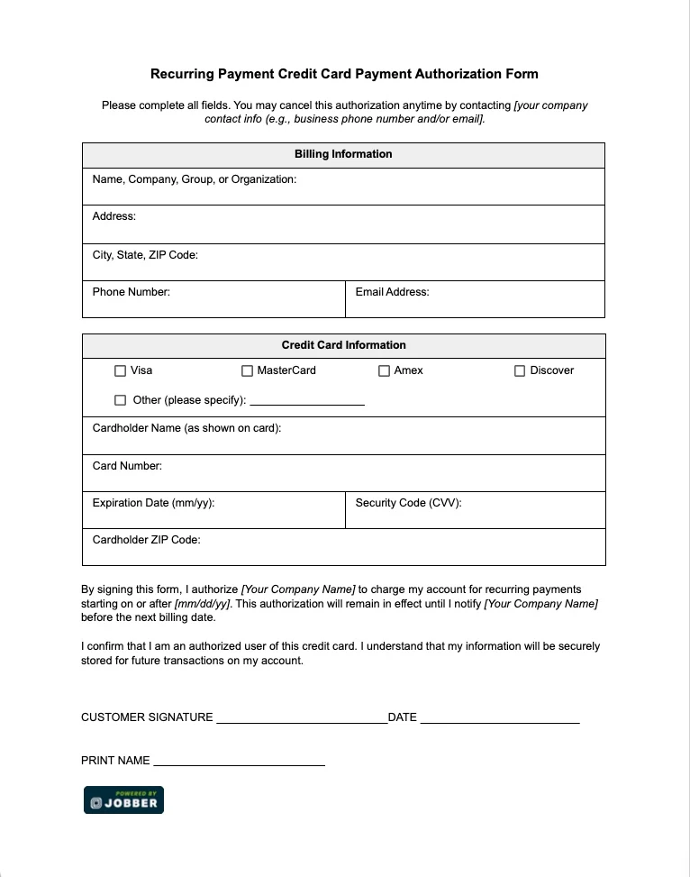 A customizable recurring credit card authorization form template by Jobber