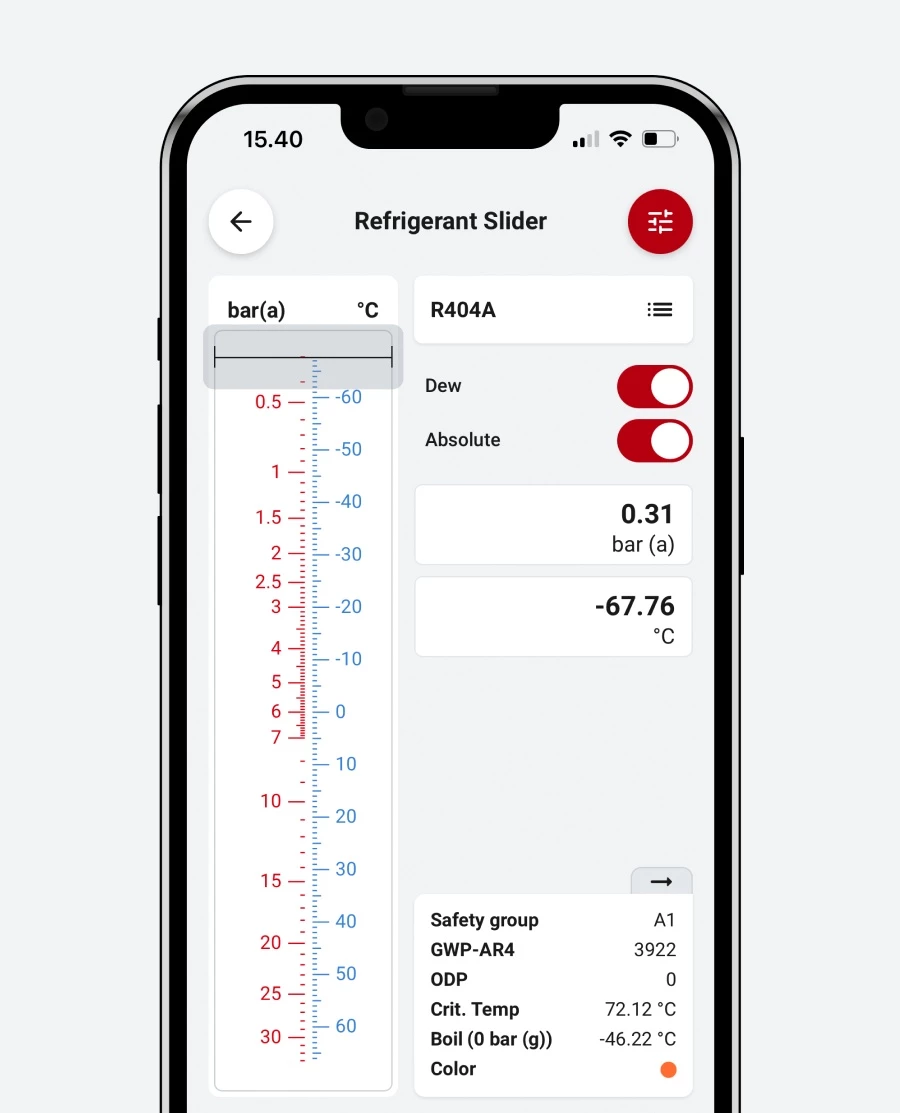 Ref Tools app screenshot of a refrigerator slider