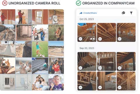 CompanyCam job photo app unorganized vs. organized camera roll