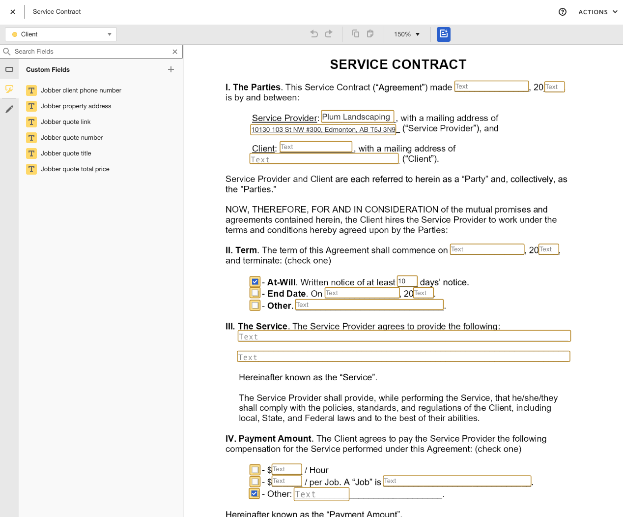 An example of a service contract template built with DocuSign and using the Jobber integration.