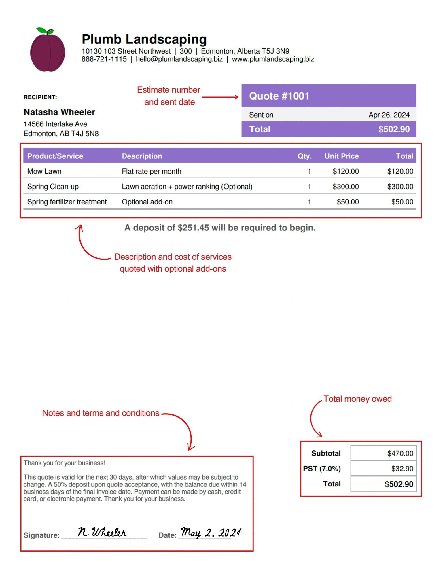 What is an estimate? An example of an estimate and what to include. Built with Jobber's free template.
