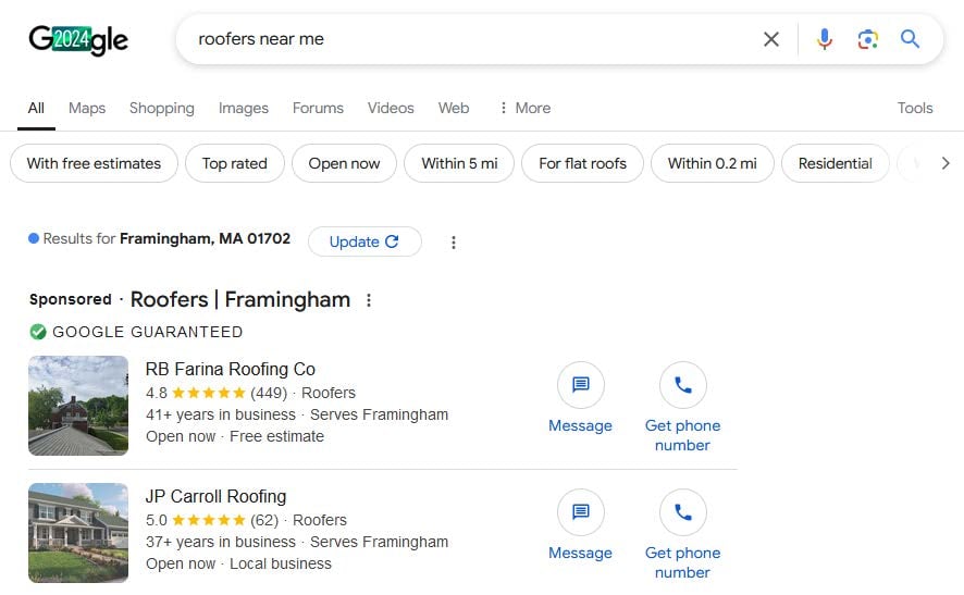 Roofing Google LSA search results example