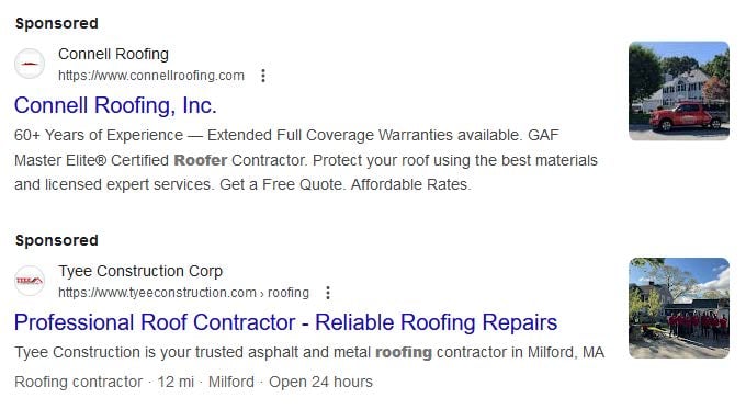 Roofing Google Search Ad example
